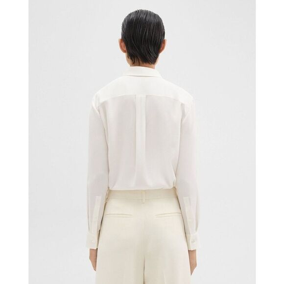 Theory Women's Ivory Silk Georgette Tie Neck Button Down Blouse Size Large NWOT - Picture 4 of 11